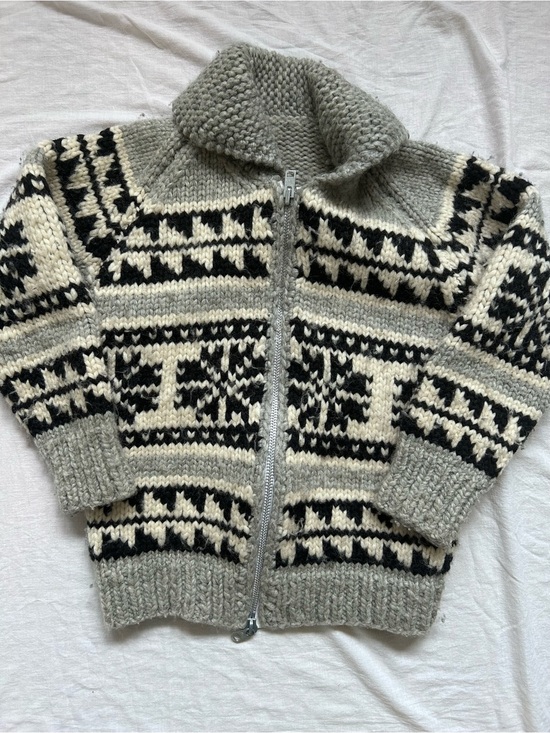 cowichan knit Sweaters - Cowichan Chunky Nordic Zip-Up Cardigan Sweater - Gray, Cream & Black